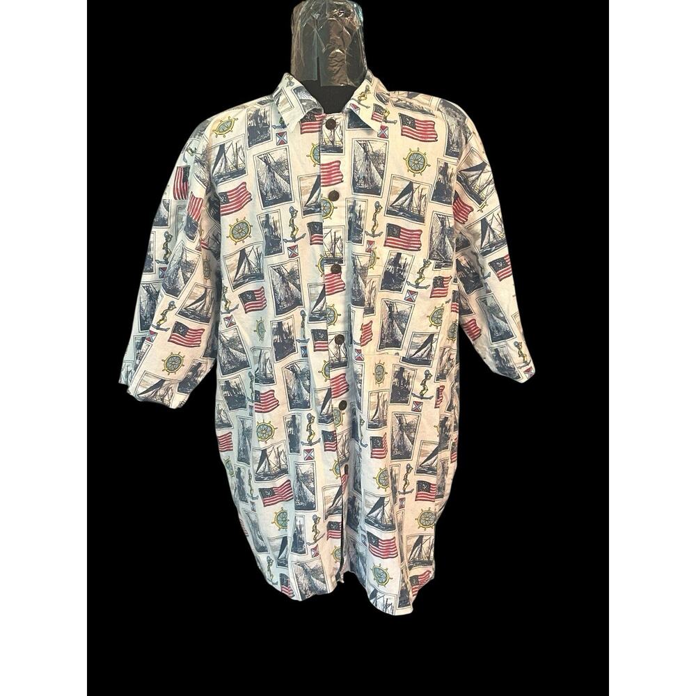 CASTAWAYS Mens Large Button Hawaiian Short Sleeve Shirt American Flags & Sailing
